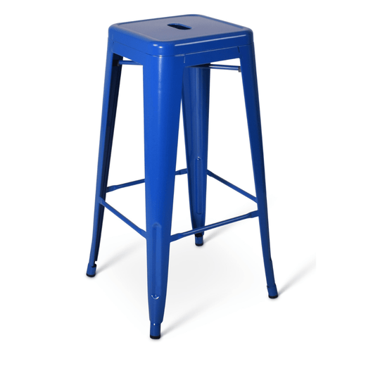 Stijlvolle blauwe metalen stapelbare barkruk. Hoogte 76 cm, compact design met voetsteun.