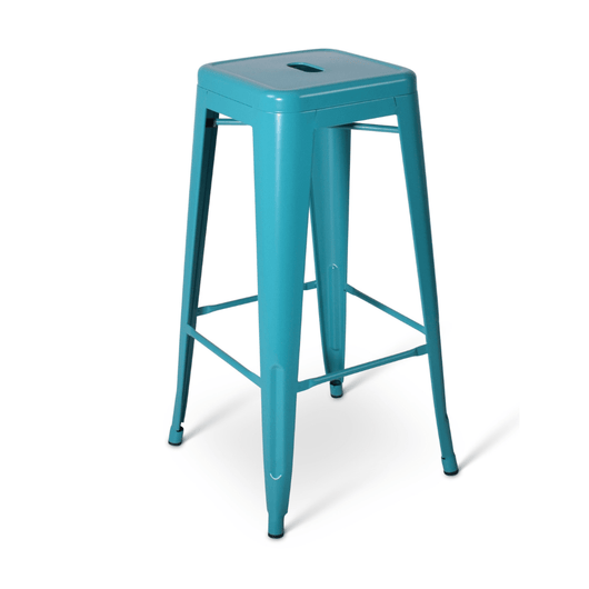 Stijlvolle mintgroene metalen stapelbare barkruk. Hoogte 76 cm, compact design met voetsteun.