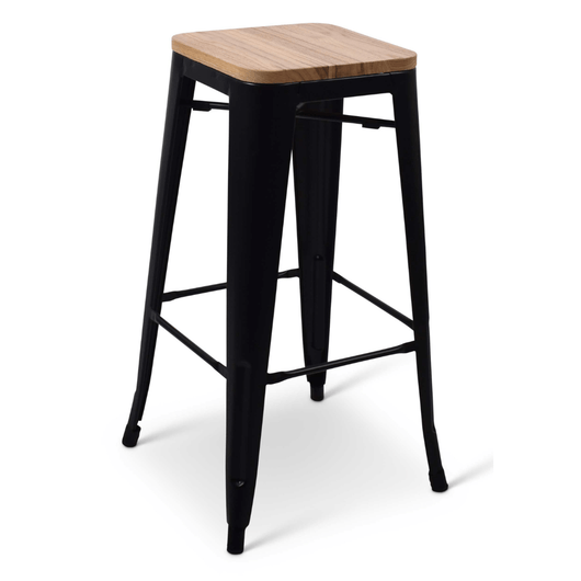 Stijlvolle zwarte metalen stapelbare barkruk. met houten zit. Hoogte 76 cm, compact design met voetsteun.