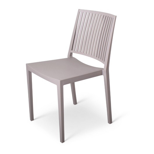 Stapelstoel Sittard Stevige designstoel gemaakt van 100% polypropyleen. UV- en waterbestendig. Makkelijk schoon te maken en geen kleurverlies. De stoel is versterkt met glasvezel. Kleur: taupe