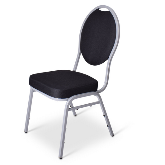 Stackchair Eindhoven. Deze stoel is makkelijk stapelbaar met een aluminium frame. De zitting/rugleuning zijn kunststofleder in de kleur zwart