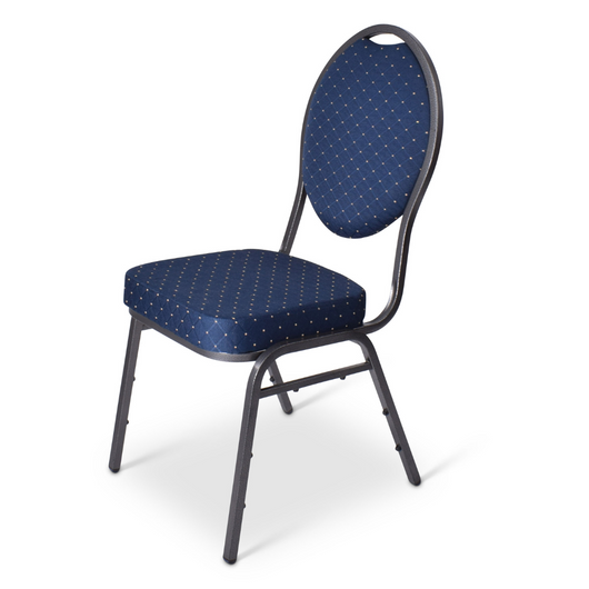 Stackchair Eindhoven. Deze stoel is makkelijk stapelbaar met een hamerslag frame. De stoffering is blauw met een gouden stip.