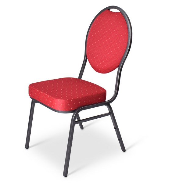 Stackchair Eindhoven. Deze stoel is makkelijk stapelbaar met een hamerslag frame. De stoffering is rood met een gouden stip.