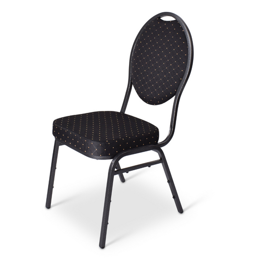 Stackchair Eindhoven. Deze stoel is makkelijk stapelbaar met een hamerslag frame. De stoffering is zwart met een gouden stip.