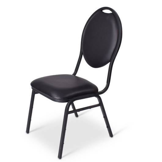 Stackchair Eindhoven. Deze stoel is makkelijk stapelbaar met een zwart frame. De zitting/rugleuning zijn kunststofleder in de kleur zwart