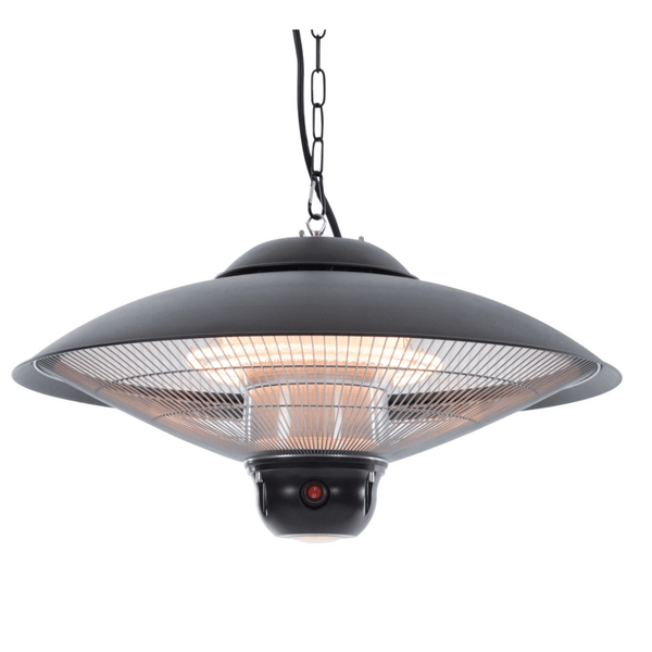 Zwarte heater hangmodel aan ketting. Voorzien van LED-verlichting.