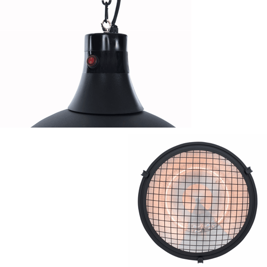 Details Sunred heater zwart industriële look met hangketting.